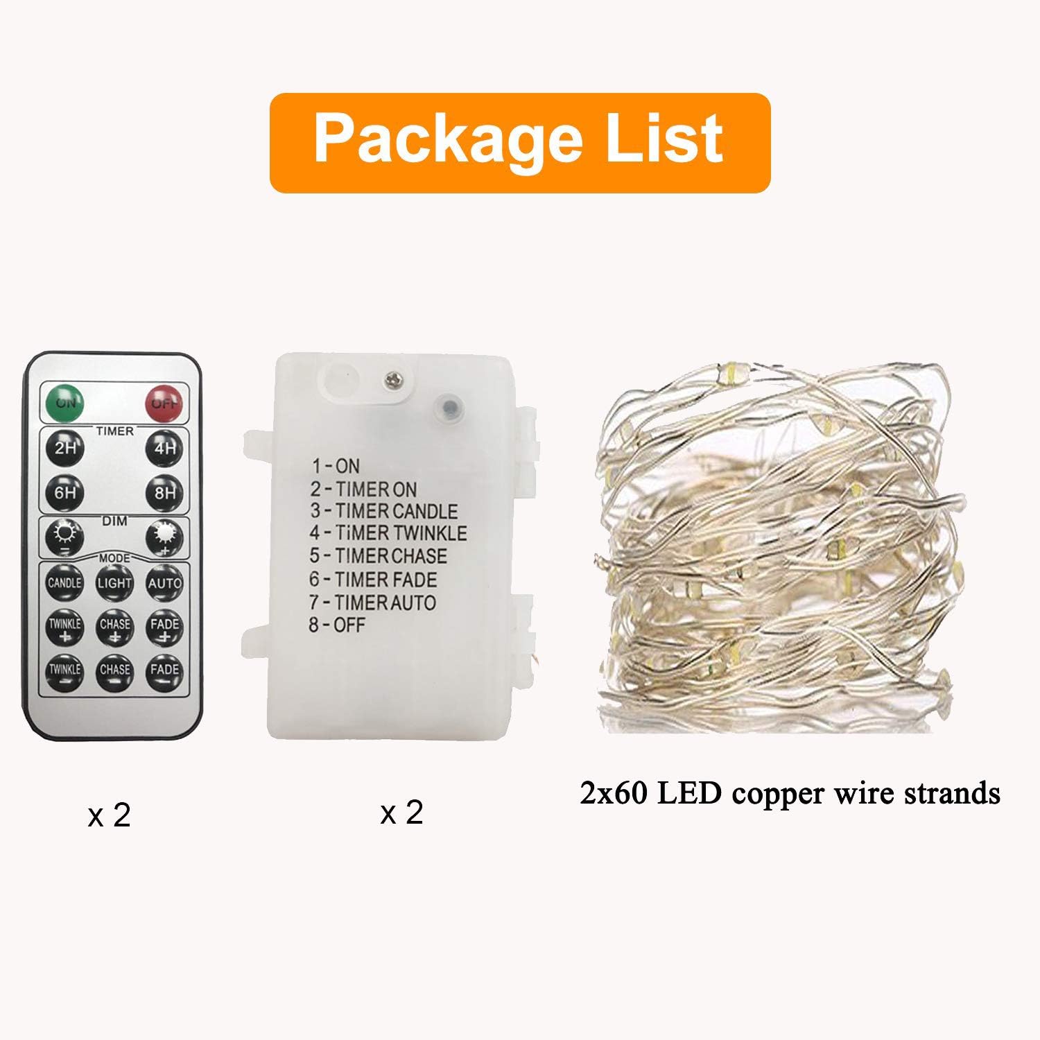 2 Pack 20ft Cool White LED Fairy Lights - Battery Operated with Remote & Timer, Waterproof Silver Copper Wire Twinkle String Lights for Party, Bedroom, Wedding, Christmas Decor - Indoor/Outdoor Holiday Lighting