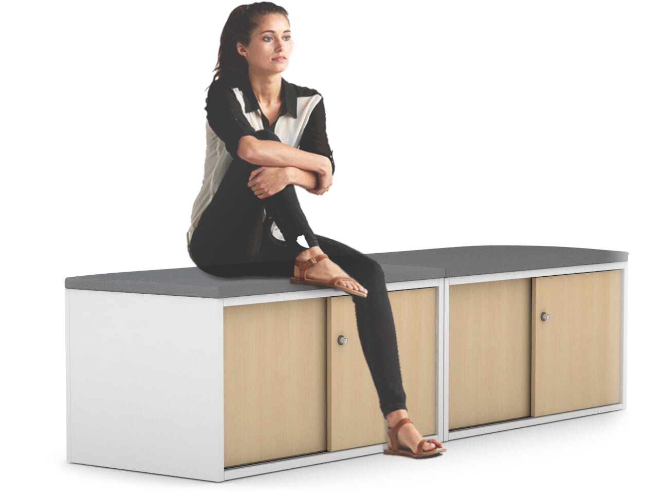 Low Profile Sliding 4-Door Credenza with Soft Top Cushion - Perfect for Home Office, Living Room, and Bedroom Storage