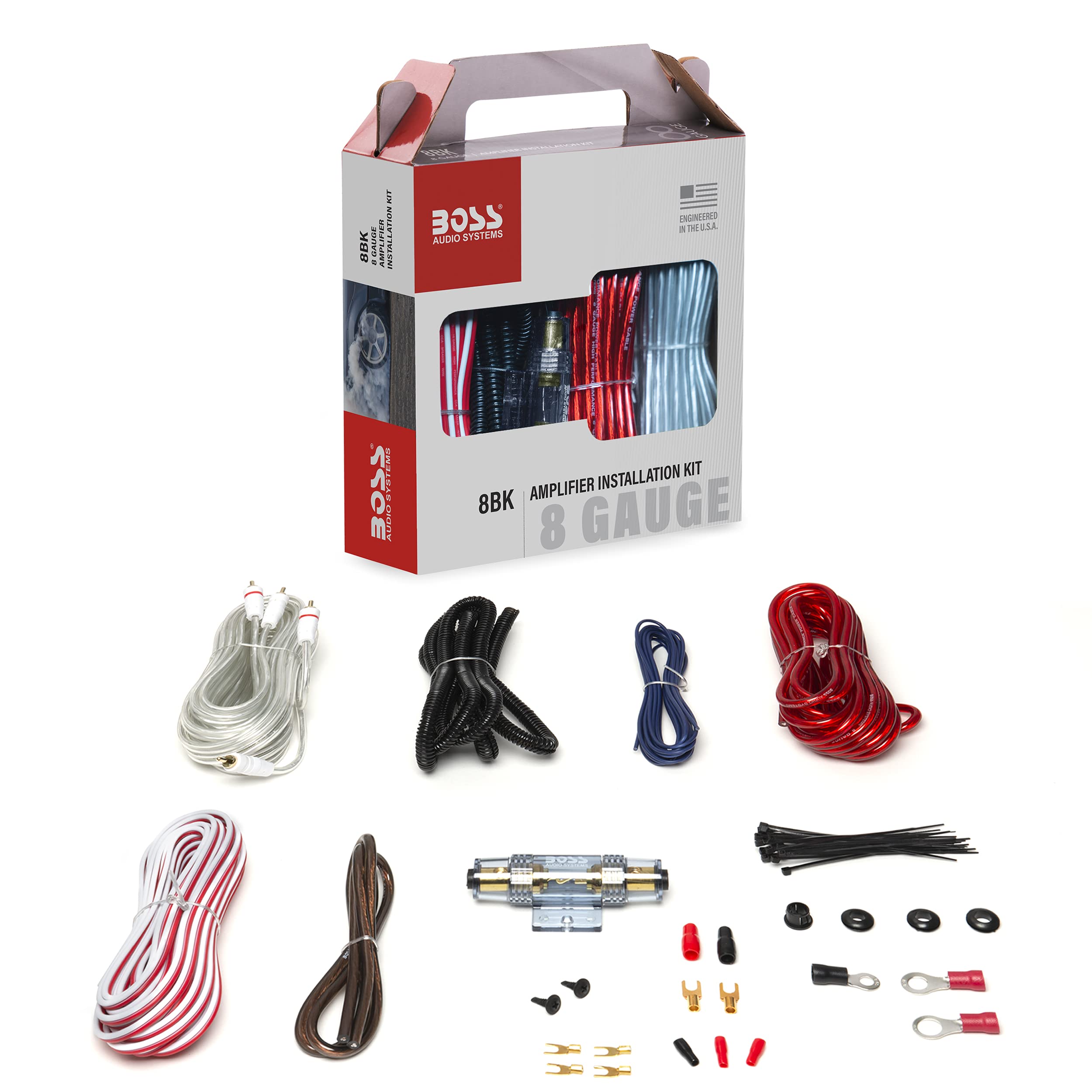 BOSS Audio Systems 8BK 8 Gauge Amplifier Wiring Kit - Premium Car Audio Power Cable for Radio, Subwoofers & Speakers | Easy Installation for Enhanced Sound Quality in Vehicles & Trucks