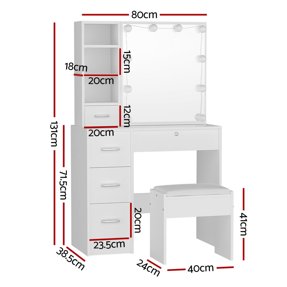 Dylan White Dressing Table Set with Stool & 10 LED Bulbs - Vanity Makeup Desk for Bedroom, Beauty Salon & Home Decor