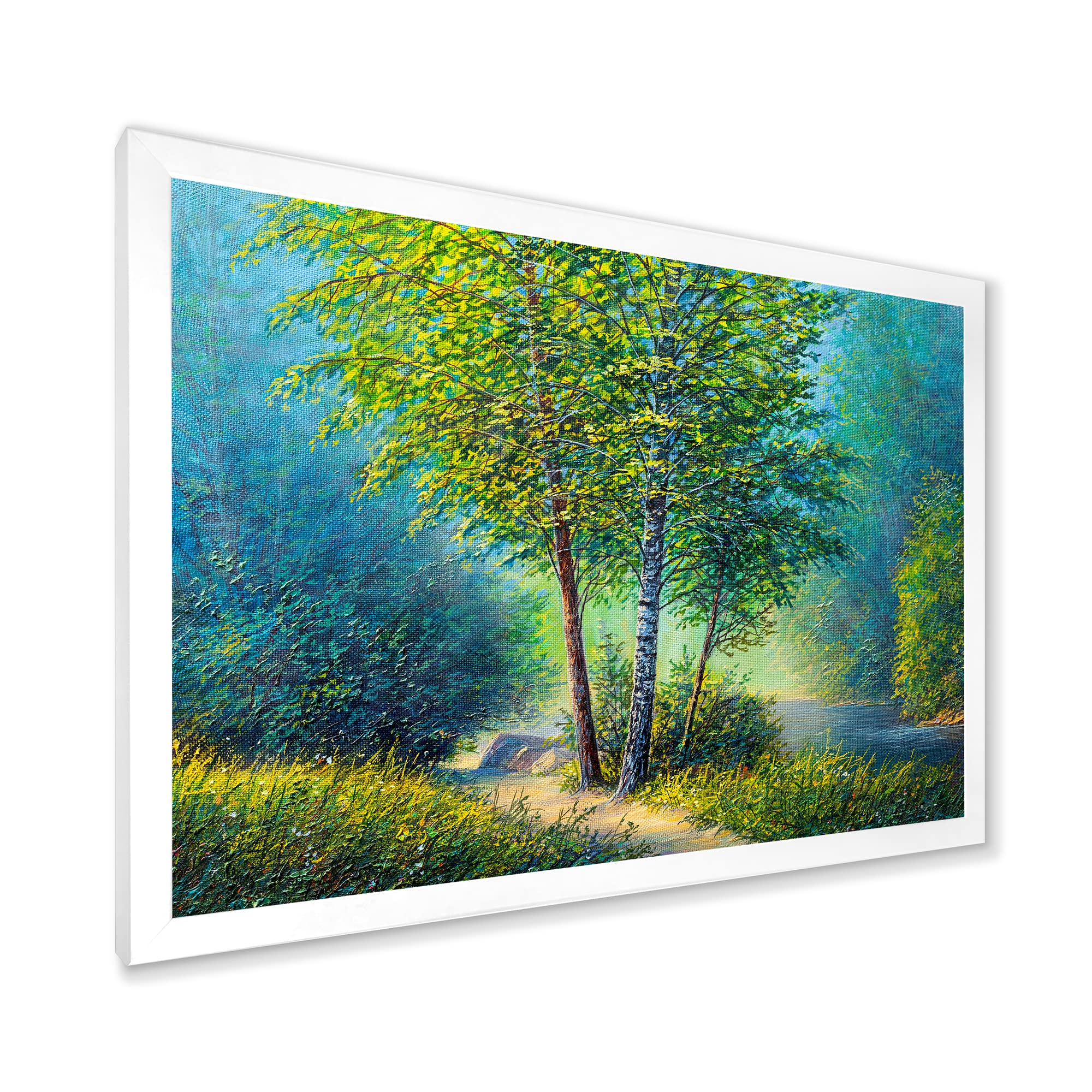 Three Vibrant Trees By The River Lake House Framed Wall Art - Nature Landscape Painting for Living Room, Bedroom & Office Decor - Perfect Gift for Housewarming & Holidays