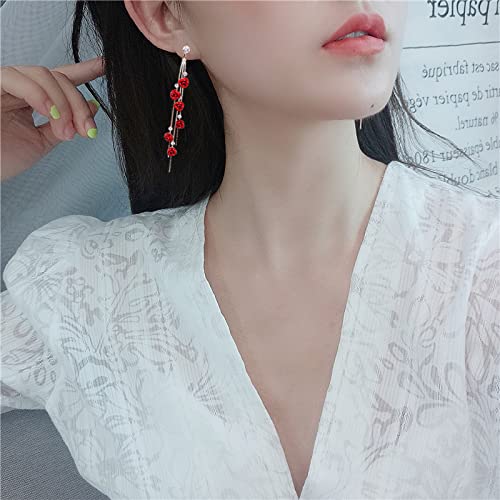 Sparkling Crystal Rose Flower Dangle Earrings for Women - Red & Purple Long Tassel Chain Drop Stud Earrings with White Crystals, Elegant Statement Jewelry Gift for Her | Perfect for Parties, Weddings & Date Nights