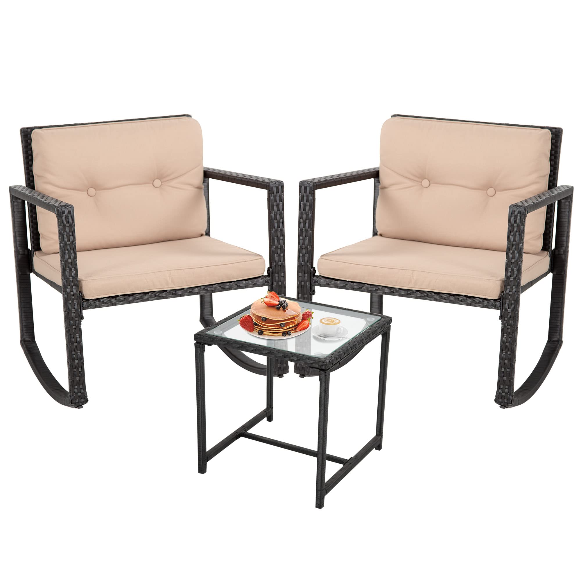 FDW 3-Piece Wicker Patio Furniture Set - Outdoor Rattan Bistro Set with Rocking Chair & Coffee Table for Backyard, Porch, Poolside, Lawn - Perfect for Relaxing & Entertaining - Black