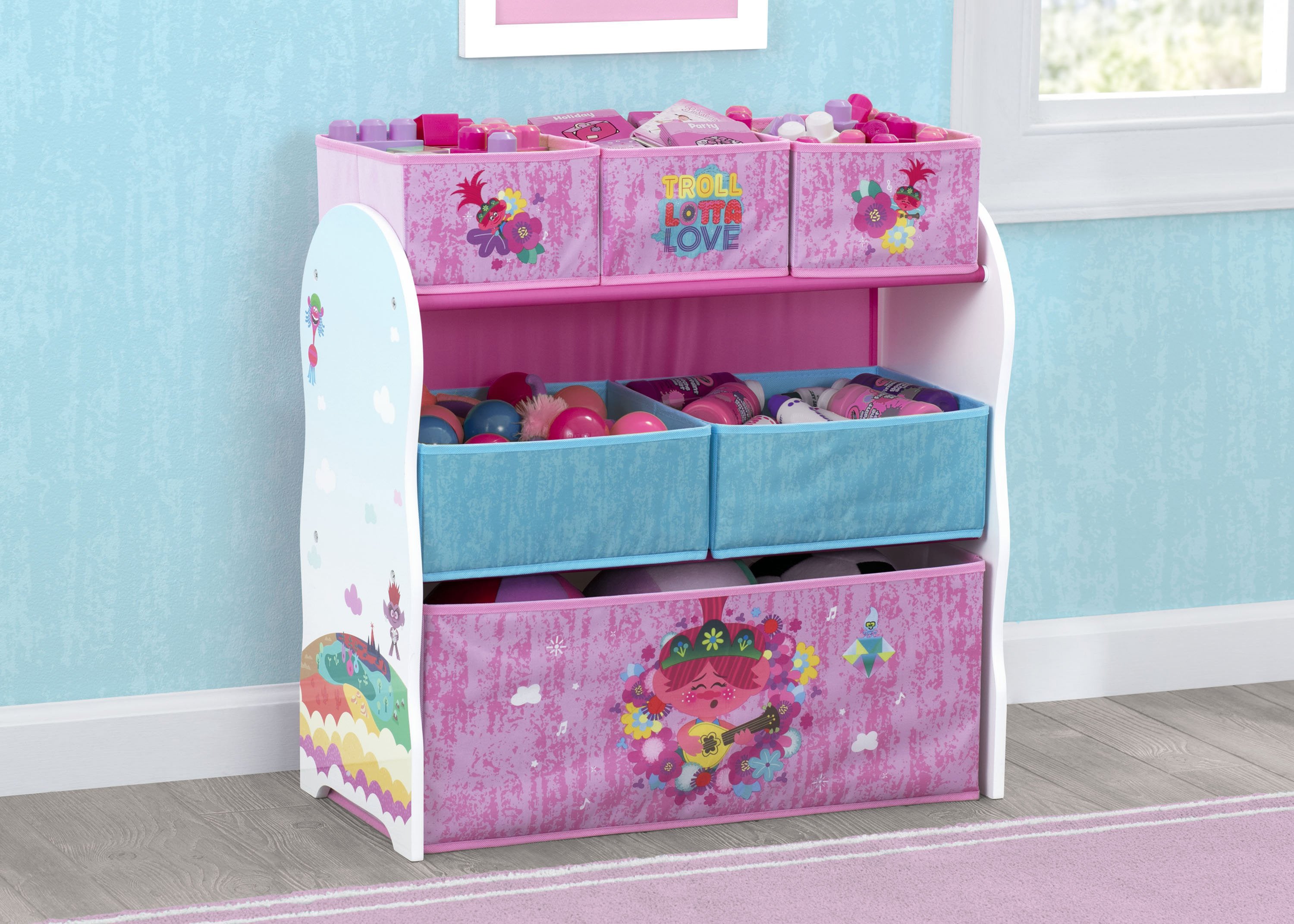 Trolls World Tour 6-Bin Toy Organizer with Storage Bins - Kids Room Decor, Playroom Organization, and Toy Storage Solution for Home & Classroom