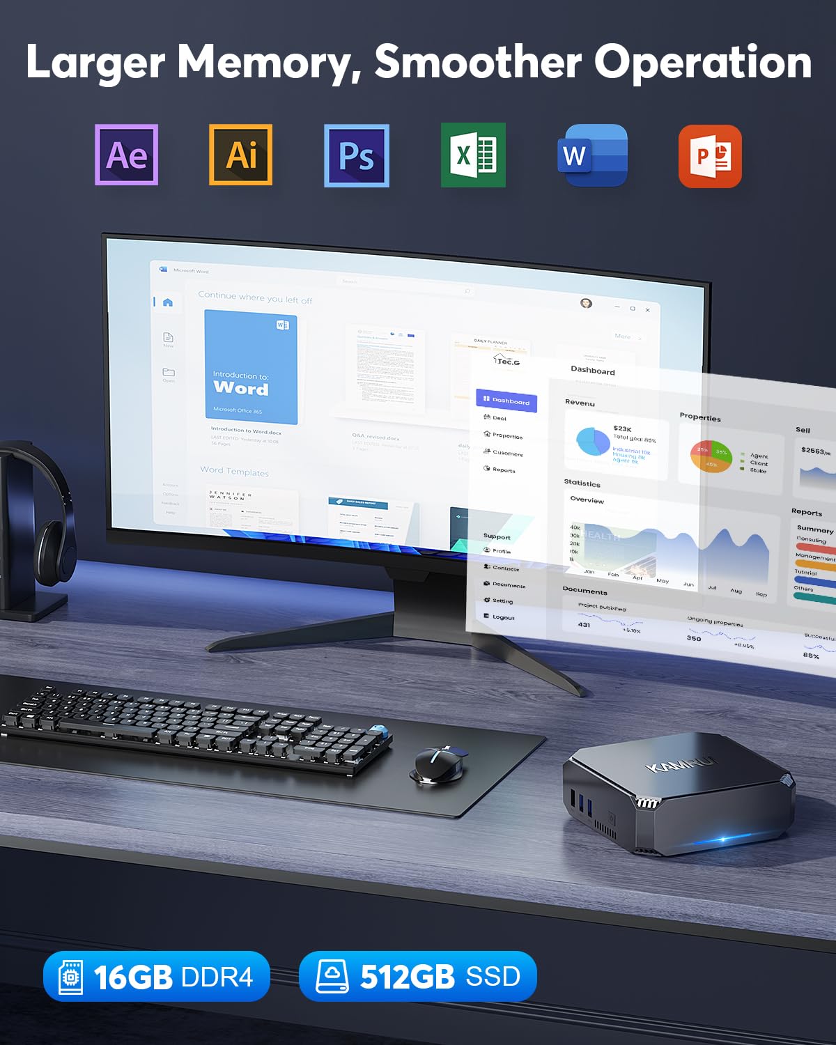 KAMRUI AK2 Plus Mini PC Windows 11 Pro - Intel 12th Gen Alder Lake N100 Processor (Up to 3.4GHz), 16GB RAM 512GB SSD, 4K UHD Support, WiFi 6 & Bluetooth 4.2 - Compact Desktop Computer for Home Office, Business, Gaming & Entertainment