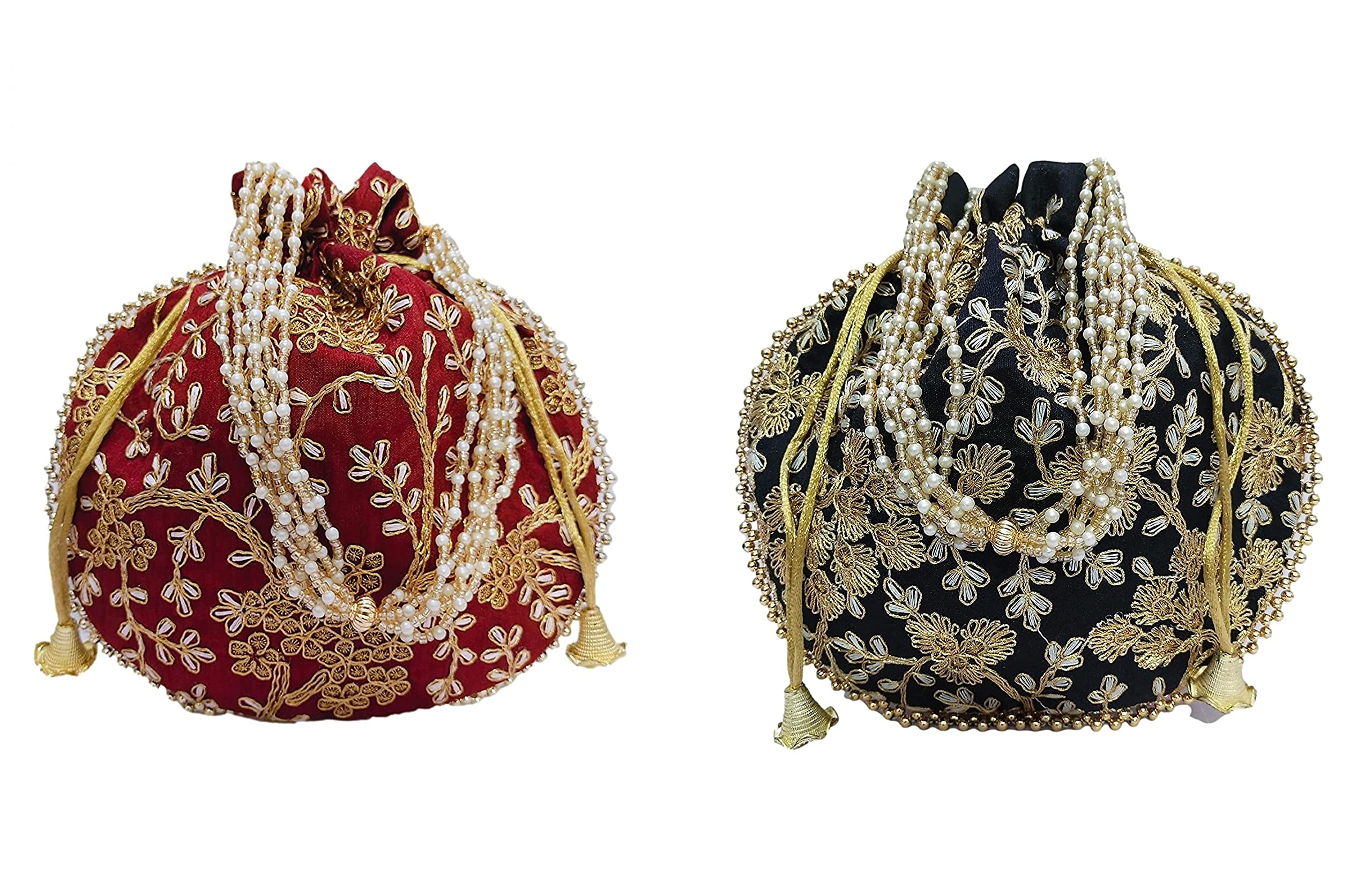 Matka Designer Potli Bags for Women - Set of 2 (Black & Maroon) - Elegant Wedding Clutch, Party Purse & Festival Accessory - Perfect for Indian Weddings, Sangeet, Mehendi & Special Occasions