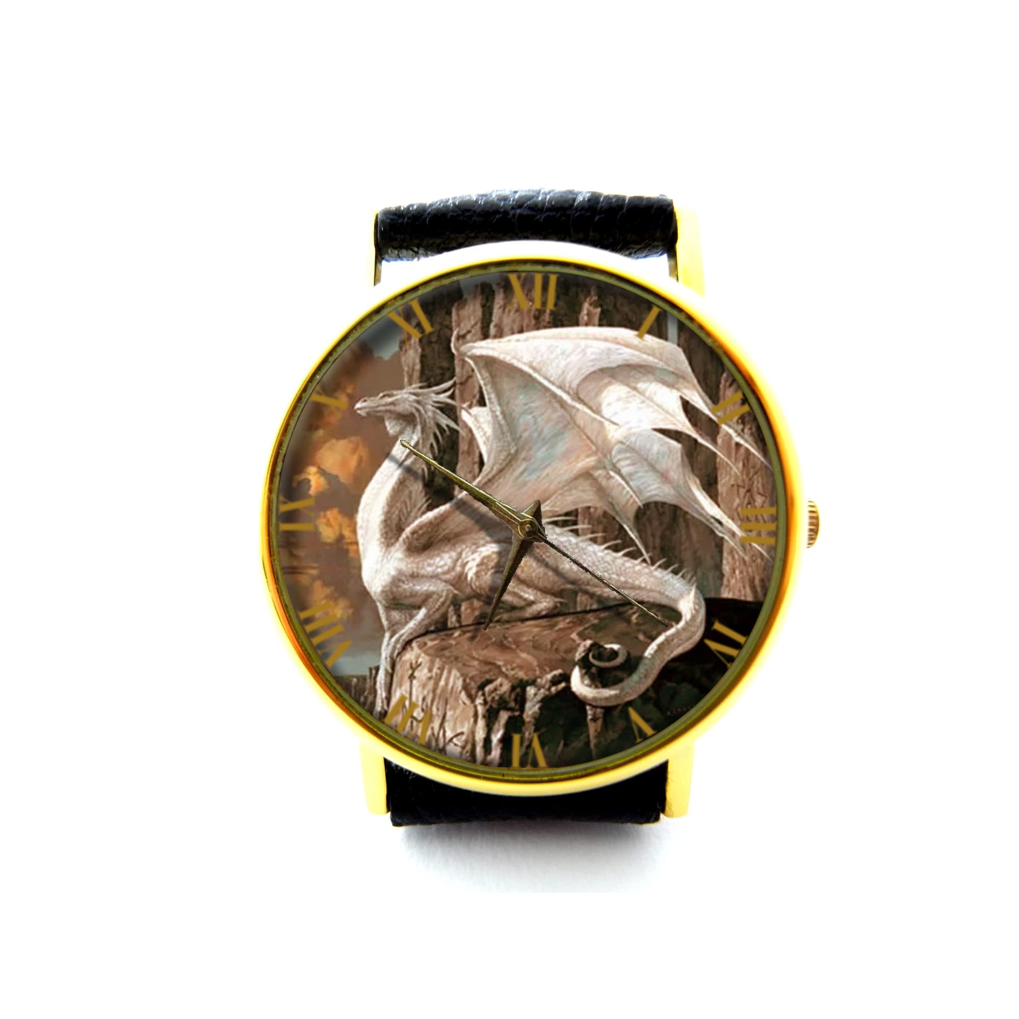 White Dragon Leather Watch for Men & Women - Fantasy Art Jewelry with Snow Dragon Design - Unisex Stainless Steel Timepiece - Perfect for Cosplay, Gift Giving & Fantasy Enthusiasts