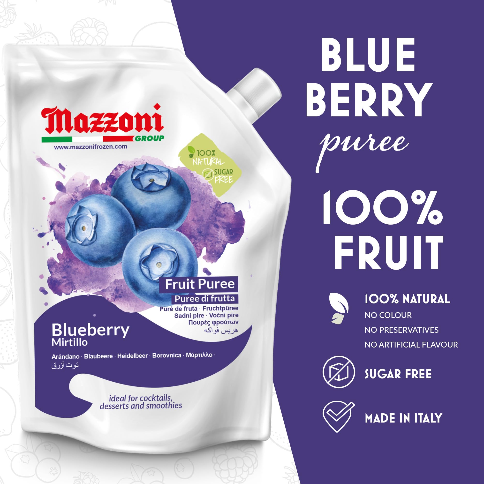 Mazzoni 100% Pure Blueberry Puree - No Sugar Added, 2.2 lbs (35.2 oz) - All Natural Fruit for Smoothies, Juices, Cocktails & Baking - Italian-Made Convenient Pouch - Perfect for Healthy Drinks, Desserts & Baby Food