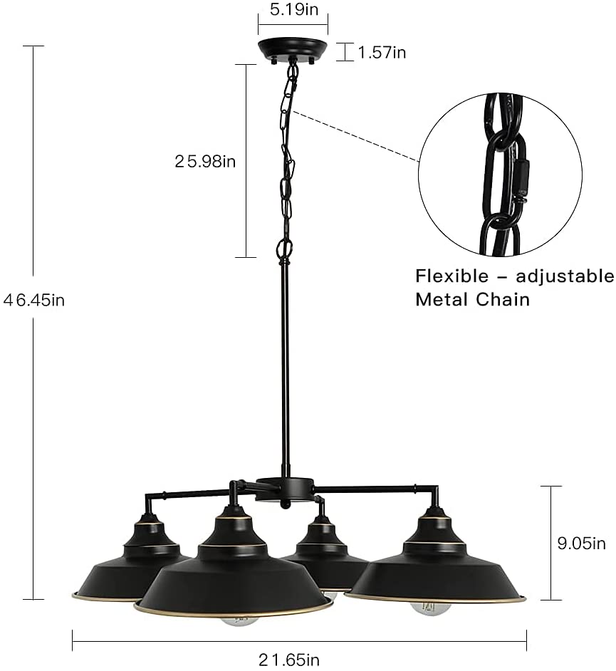 Depuley 4-Light Black Adjustable Chain Hanging Pendant Light - Farmhouse Kitchen Ceiling Lighting for Living Room, Dining Room, Entryway & Foyer with Gold Edge Accent - Perfect for Rustic, Industrial & Modern Home Decor