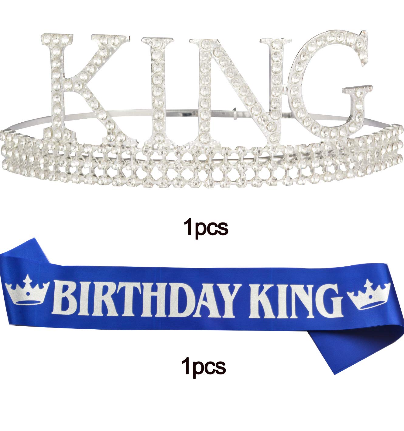 Royal King Silver Metal Birthday Crown & Sash Set for Men & Boys - Birthday Party Decorations & Accessories for King-Themed Celebrations, Costume Parties & Special Events