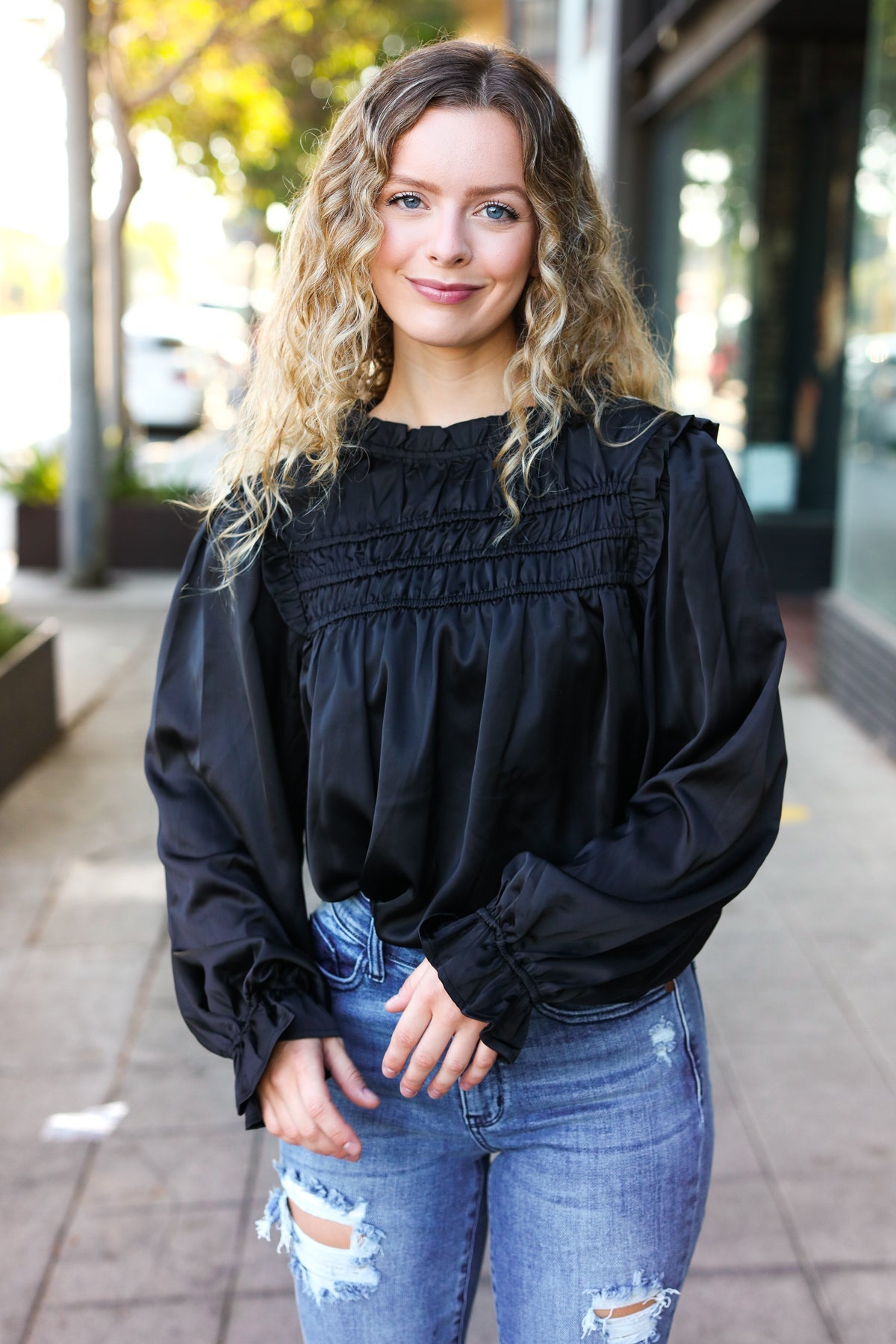 Black Satin Shirred Yoke Frilled Mock Neck Top for Women - Elegant Party & Evening Wear