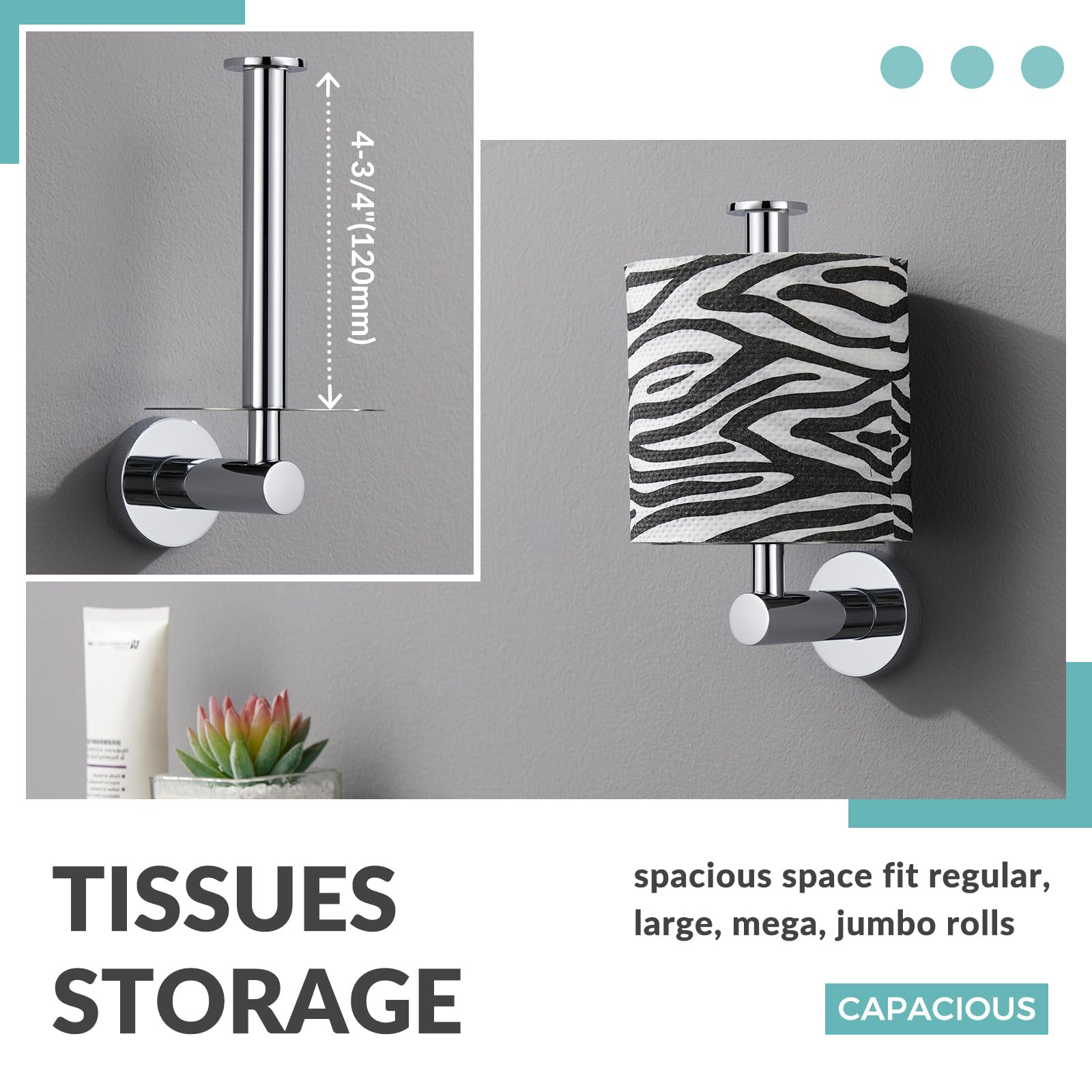 Aomasi Stainless Steel Vertical Toilet Paper Holder - Modern Chrome Standing Tissue Hanger with Round Plate | Wall Mounted Bathroom TP Roll Storage | Perfect for Small Bathrooms, Powder Rooms & RVs