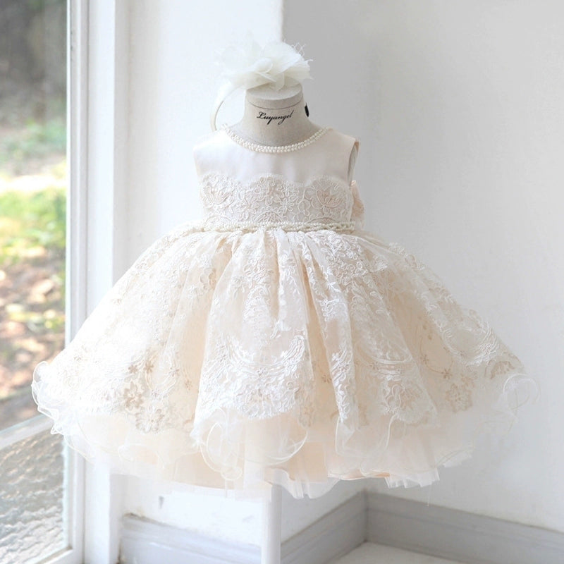 Champagne Princess Jewel Neck Tea-Length Lace Flower Girl Dress for Weddings, Baptisms & Special Occasions