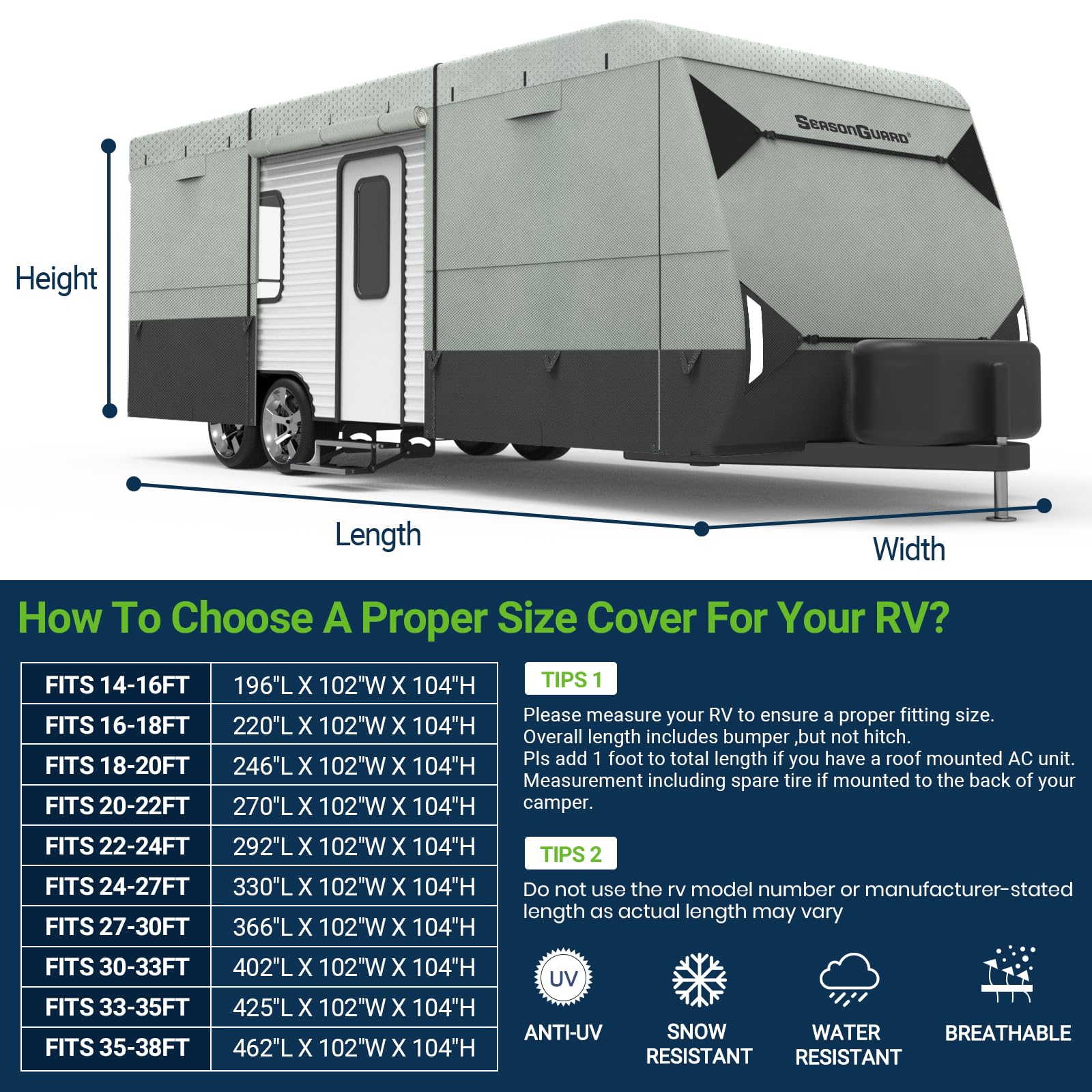 Windproof Heavy-Duty 7-Layer RV Travel Trailer Cover with Adhesive Repair Patches - Fits 30'-33' Campers (Grey) - All-Weather Protection for Outdoor Storage & Winter Use