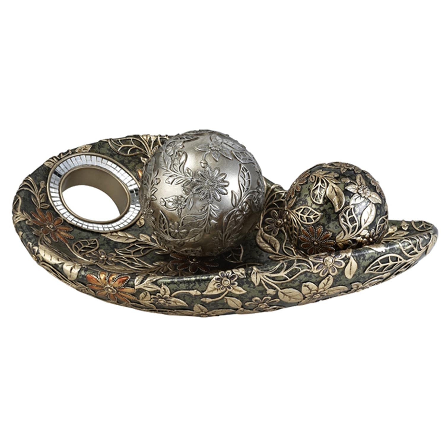 ORE International K-4238B Green Chrysanthemum Decorative Bowl with Glass Spheres - Elegant Home Decor for Dining Table, Living Room Centerpiece, Wedding Gift