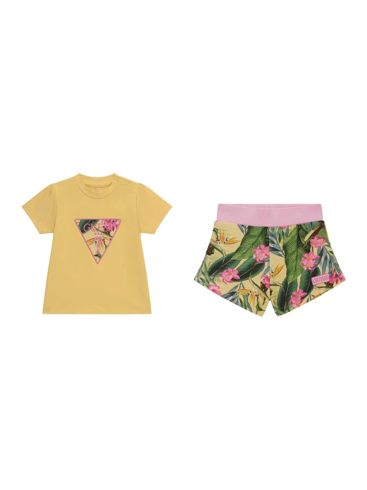 GUESS Baby Girls Organic Cotton Triangle Logo T-Shirt & All Over Print Shorts 2-Piece Playwear Set - Soft & Comfortable Outfit for Toddlers, Playdates & Casual Wear