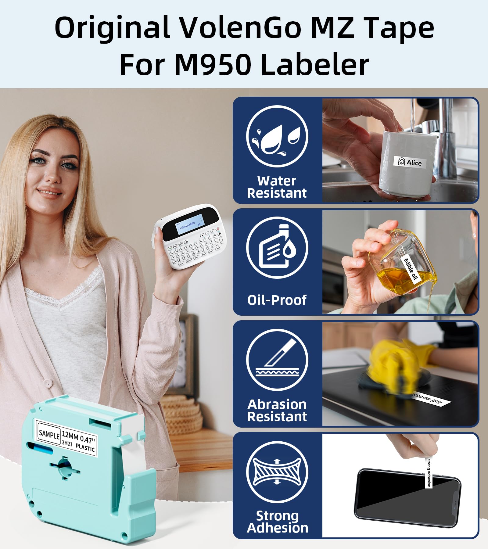 M950 Ptouch Label Maker Machine - Rechargeable Portable Bluetooth Label Printer with 12mm White Tapes | Backlit Inkless Labeling for Office, School, Home & Organization | Perfect for File Folders, Storage Boxes & Cable Management