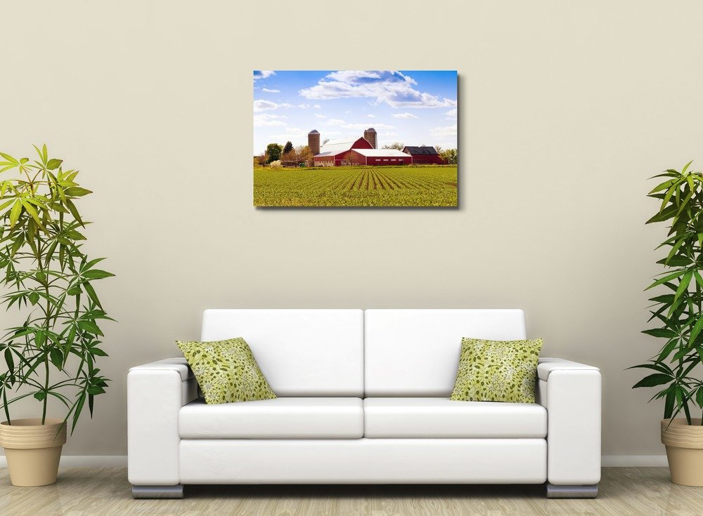 Traditional American Farm Landscape Canvas Print - Blue Sky Countryside Wall Art | Stretched Gallery Wrap Giclee Ready to Hang - 24x36 Inches - Perfect for Living Room, Bedroom & Office Decor