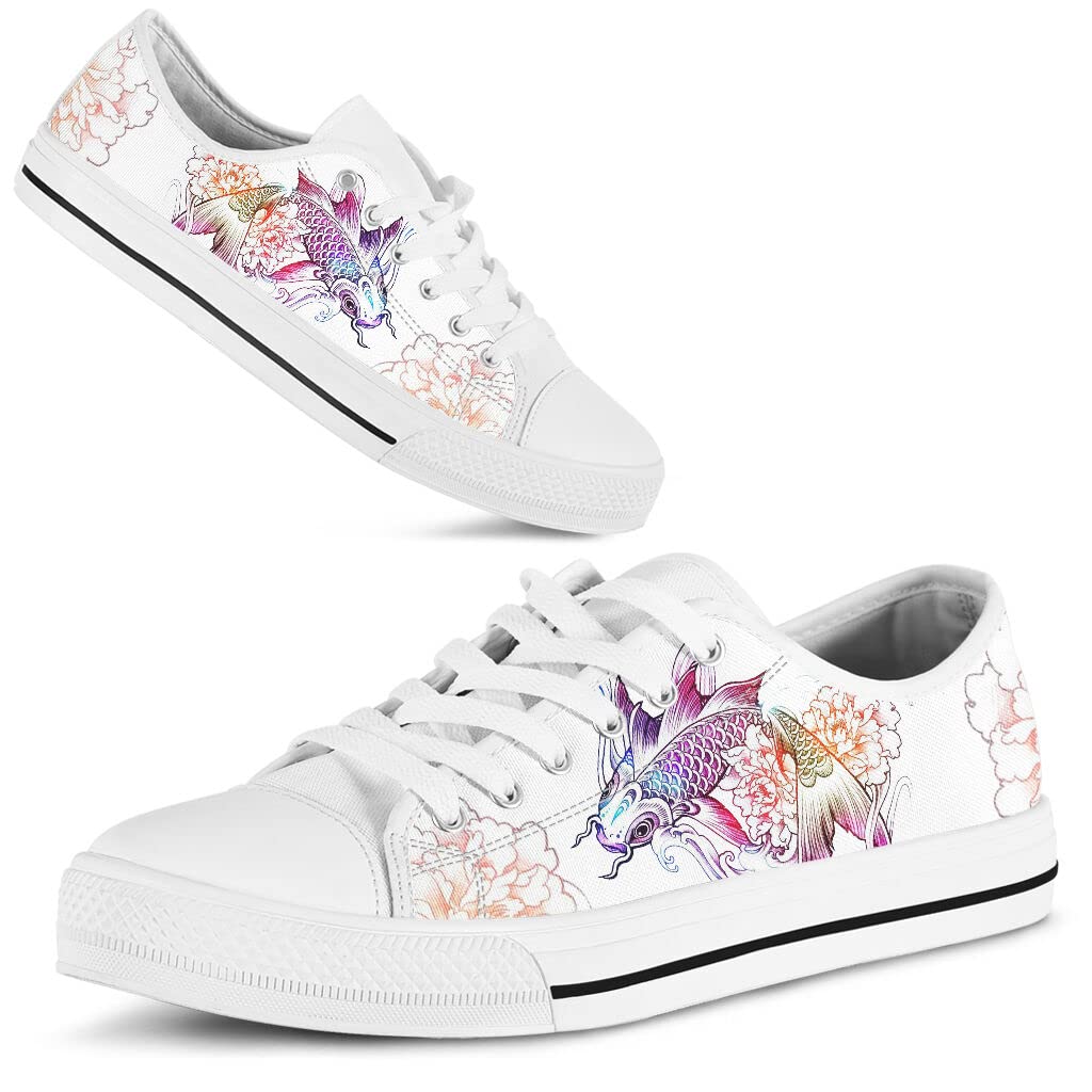 Japanese Koi Fish & Floral Print Canvas Low Top Sneakers - Unisex Casual Shoes for Men & Women - Perfect Gift for Japanese Culture Lovers - Great for Streetwear, Anime Conventions & Everyday Fashion