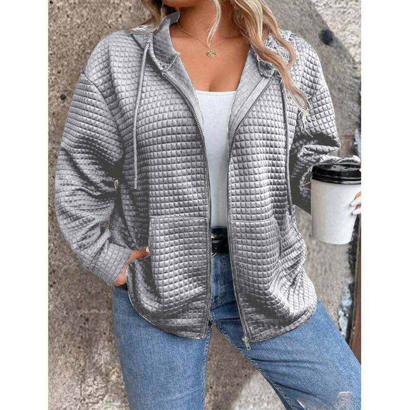 Women's Waffle Knit Hooded Sweatshirt with Drawstring Pockets - Long Sleeve Casual Zipper Jacket for Fall & Winter Layering - Perfect for Outdoor Activities, Lounge Wear and Street Fashion