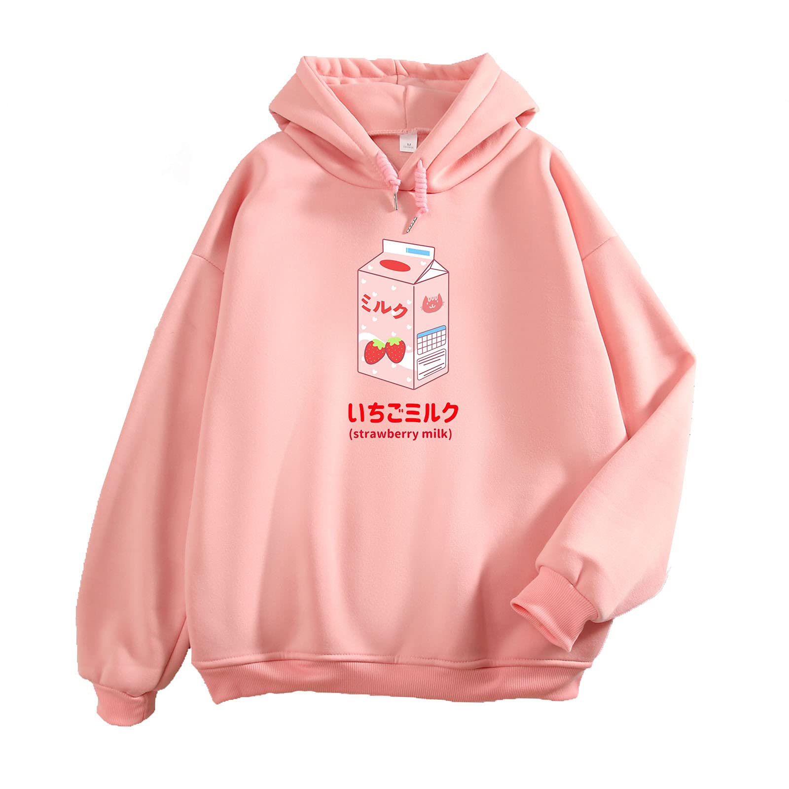KEEVICI Women's 90s Japanese Strawberry Milk Hoodie - Kawaii Aesthetic Pastel Pink Sweatshirt, Soft Long Sleeve Cute Top for Casual Wear, Street Fashion & Anime Cosplay