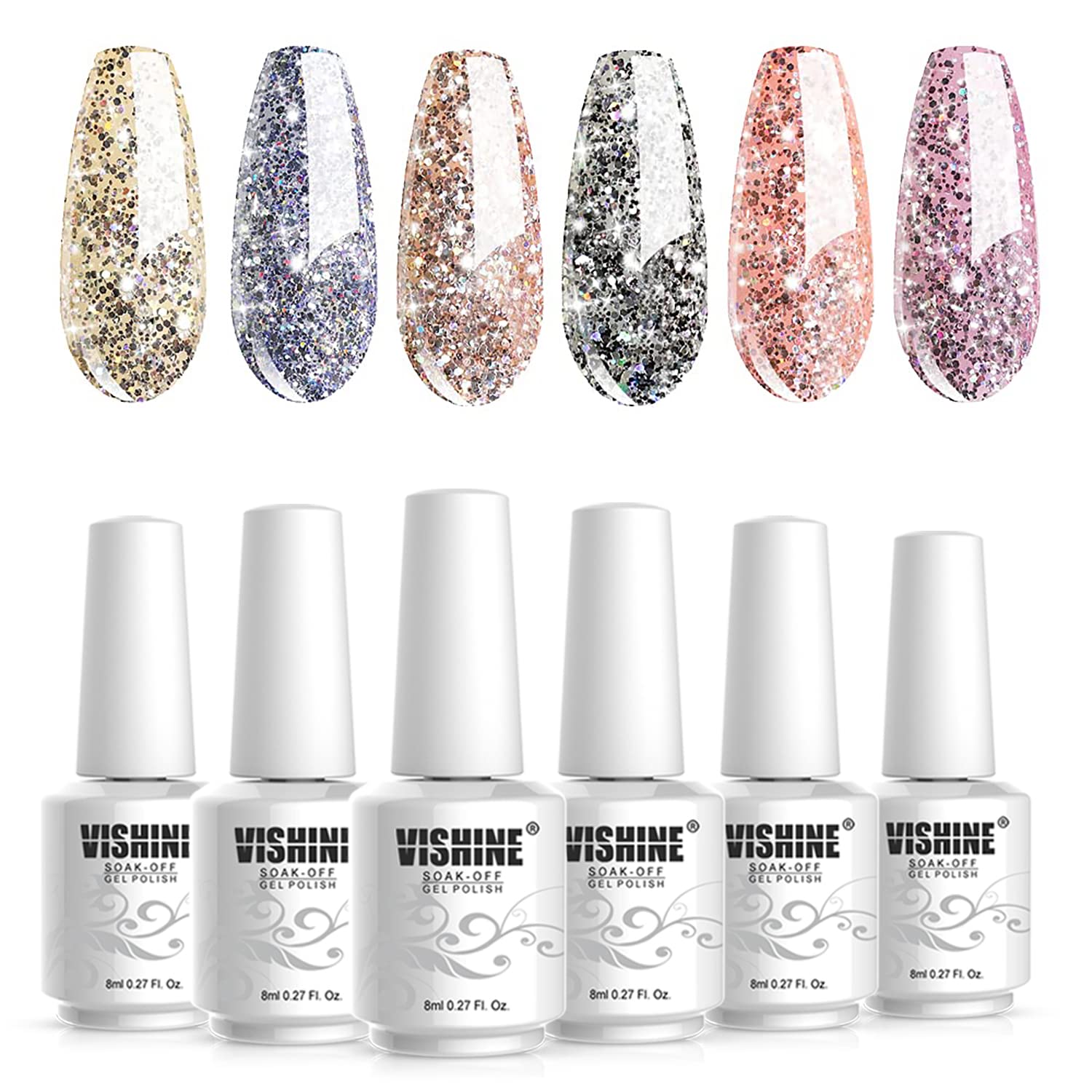 Vishine Platinum Glitter Sparkly Gel Nail Polish Set - 6 Shiny Silver & Gold Colors, UV LED Soak Off Gel Polish Kit for DIY Manicure & Nail Art | Home Salon & Professional Use | Perfect for Parties, Weddings & Special Occasions