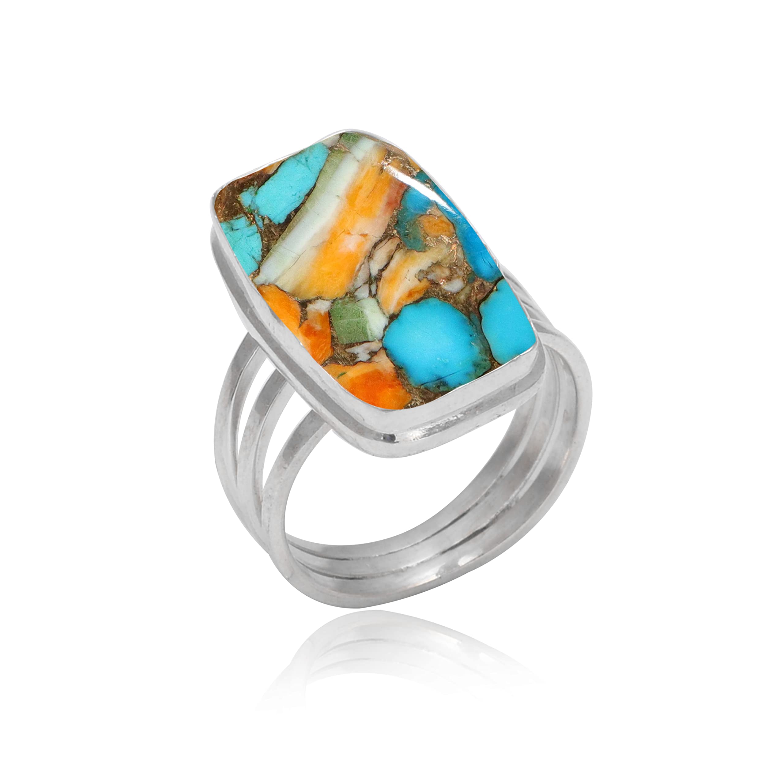 Veracity Jewelry 925 Sterling Silver Oyster Copper Turquoise Rings for Women - Kingman Mojave Mohave Spiny Oyster Healing Meditation Jewelry - Multi-Color Turquoise Ring (VSR-813) - Perfect for Boho Fashion, Spiritual Healing & Gift Giving