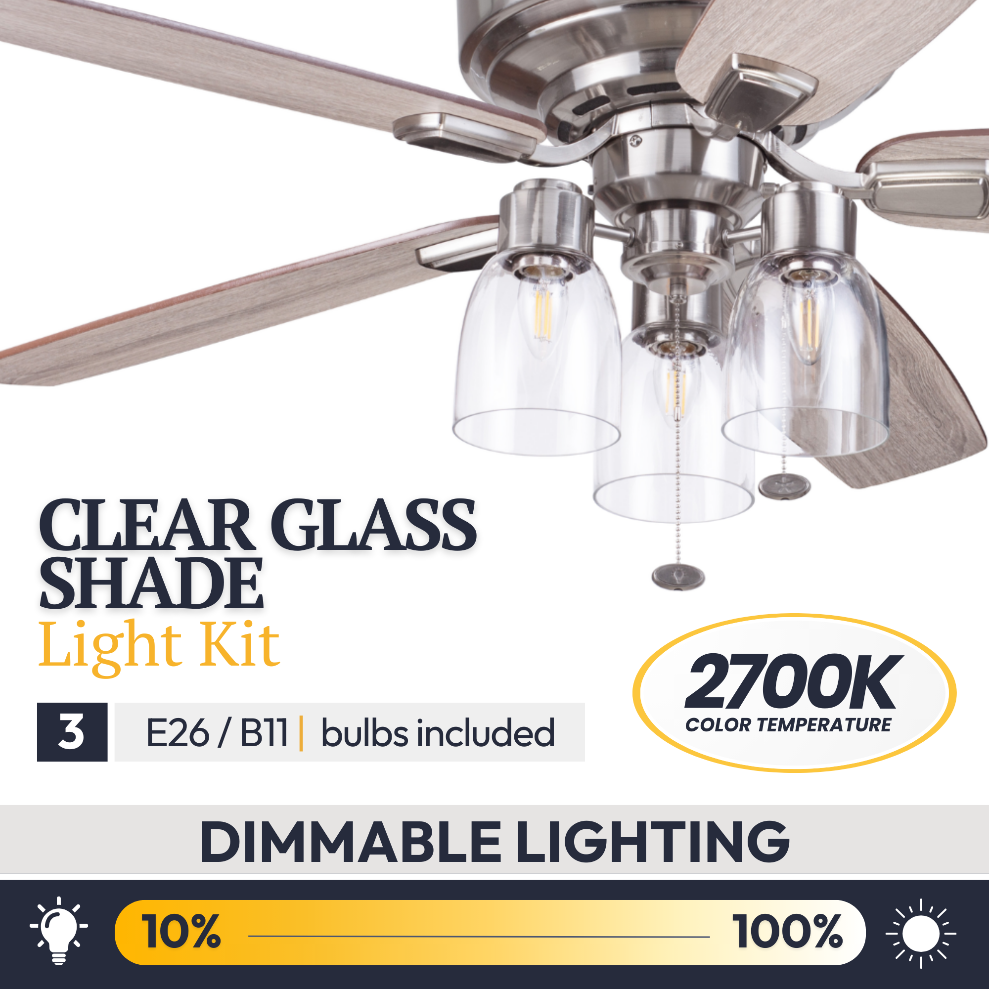52 Inch Magonia Brushed Nickel Ceiling Fan with Pull Chain and Quick Attach™ - Perfect for Living Room, Bedroom, and Outdoor Patio Cooling