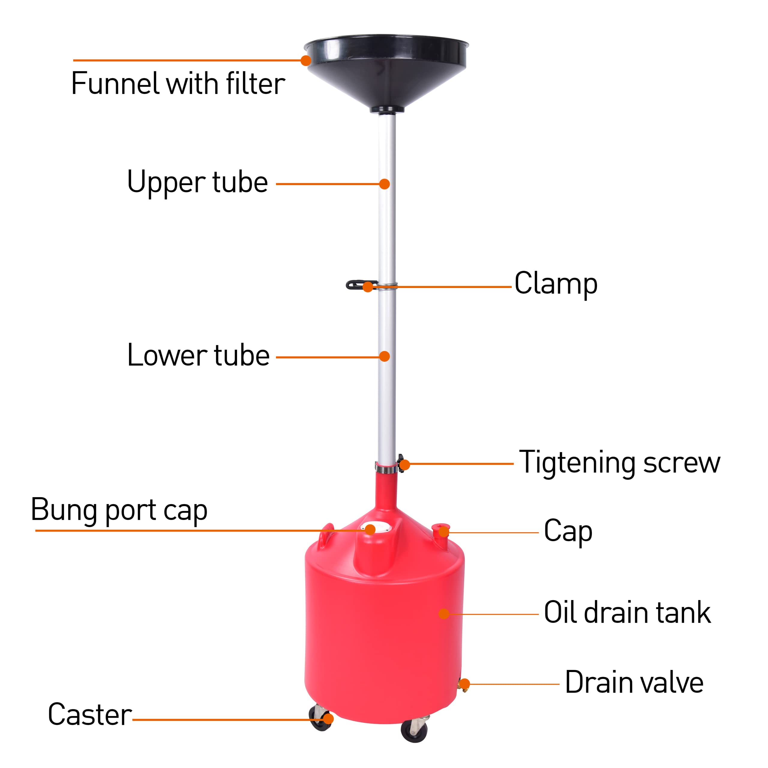 18 Gallon Industrial Waste Oil Drain Tank with Wheels - Portable Oil Change Tank for Cars, Adjustable Funnel Height - Ideal for Auto Shops, DIY Oil Changes & Waste Oil Recycling (Red)