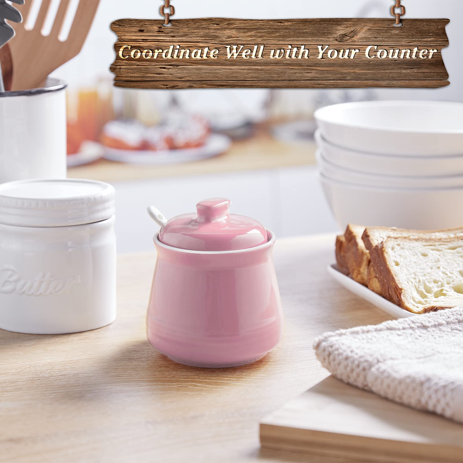 12 oz Ceramic Sugar Bowl with Lid and Spoon - Airtight Sugar Storage Container for Coffee, Tea & Baking - Pink Kitchen Decor for Countertop, Coffee Bar & Dining Table