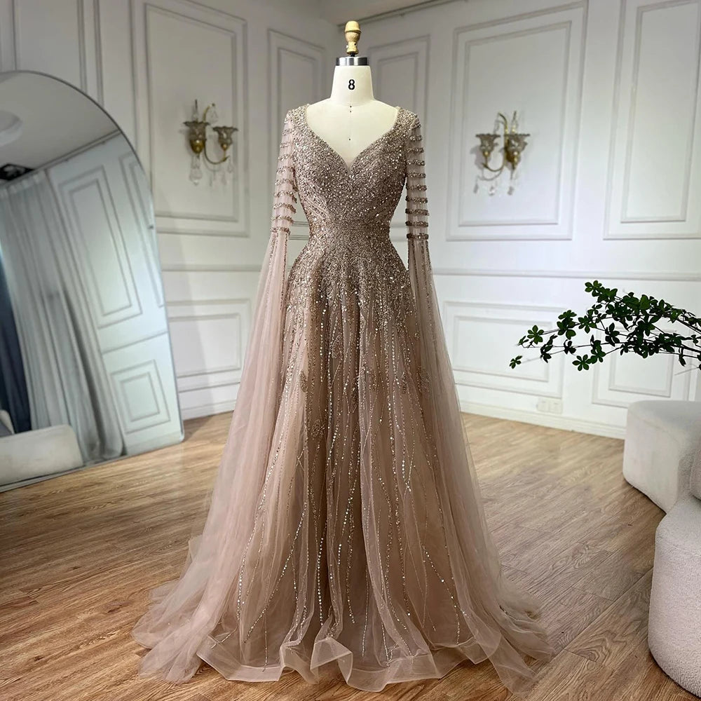 Elegant Beaded Long Evening Gowns with Cape Sleeves - Luxury Dubai Arabic Caramel A-Line Formal Dress for Women | Perfect for Weddings, Galas & Special Occasions LA72750