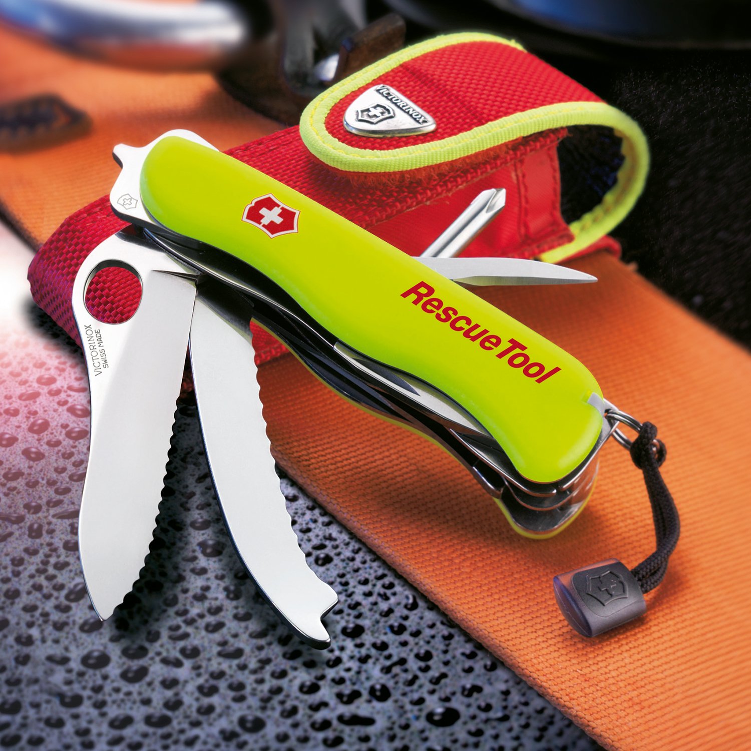 Victorinox Rescue Tool Swiss Army Knife - 13-in-1 Multifunctional Pocket Knife with Seatbelt Cutter, Glass Saw & Nylon Pouch | Swiss Made Emergency Tool for Camping, Hiking & Survival (Fluorescent Yellow)