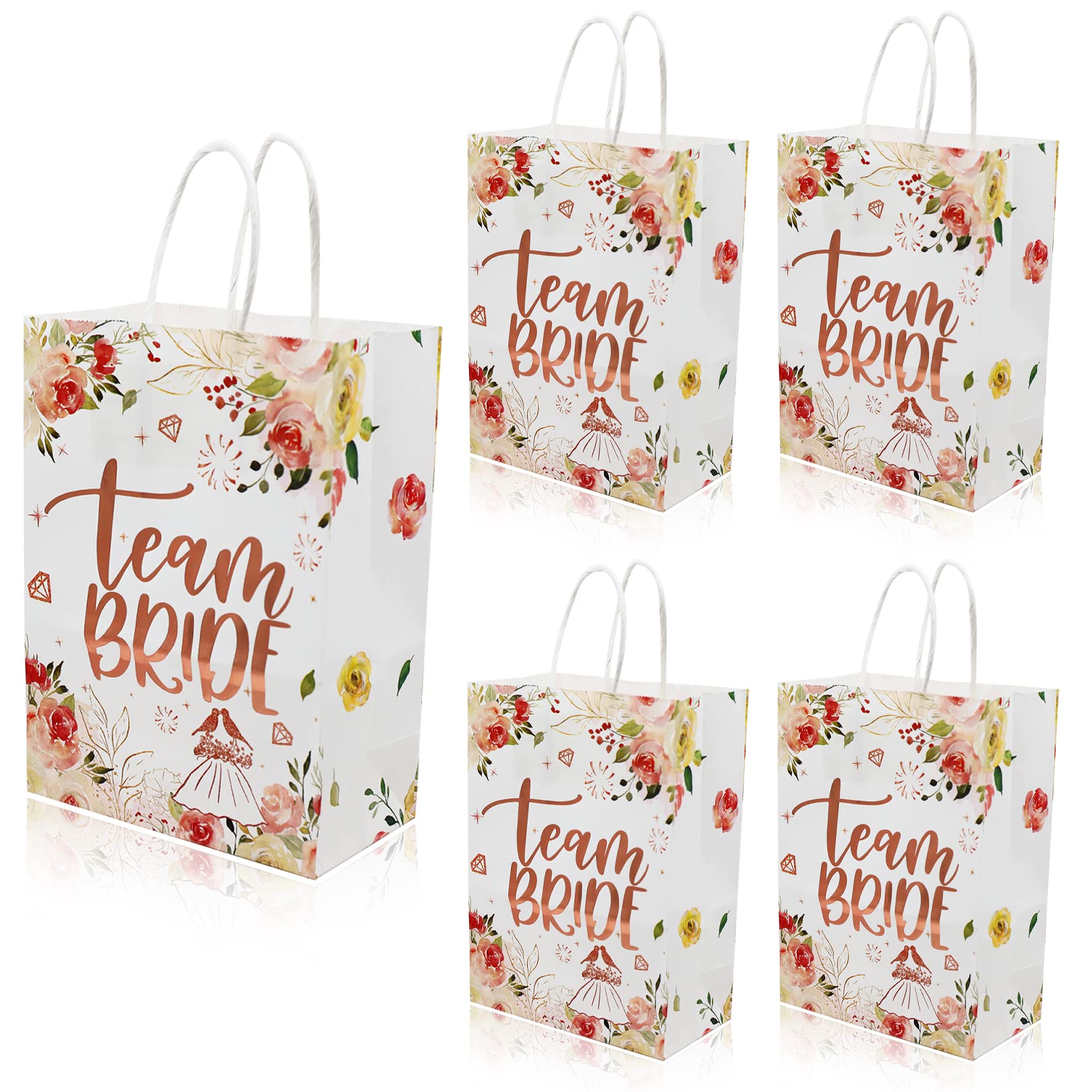 5Pcs Team Bride Bags - Floral Hen Party Favor Bags White Paper Gift Bags with Rose Gold Foil for Wedding, Bridal Shower & Bachelorette Party | Perfect for Party Favors, Candy, Small Gifts & Decorations