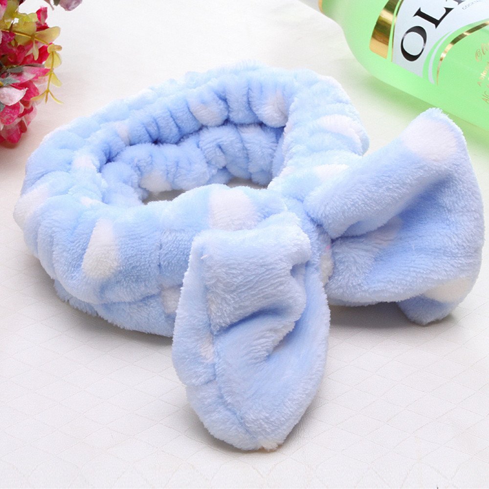 Korean Style Girls Flannel Hair Band - Cute Elastic Big Bow Knot Headband for Women & Teens - Blue Washable Hair Accessory for Face Mask, Makeup, Bath & Shower
