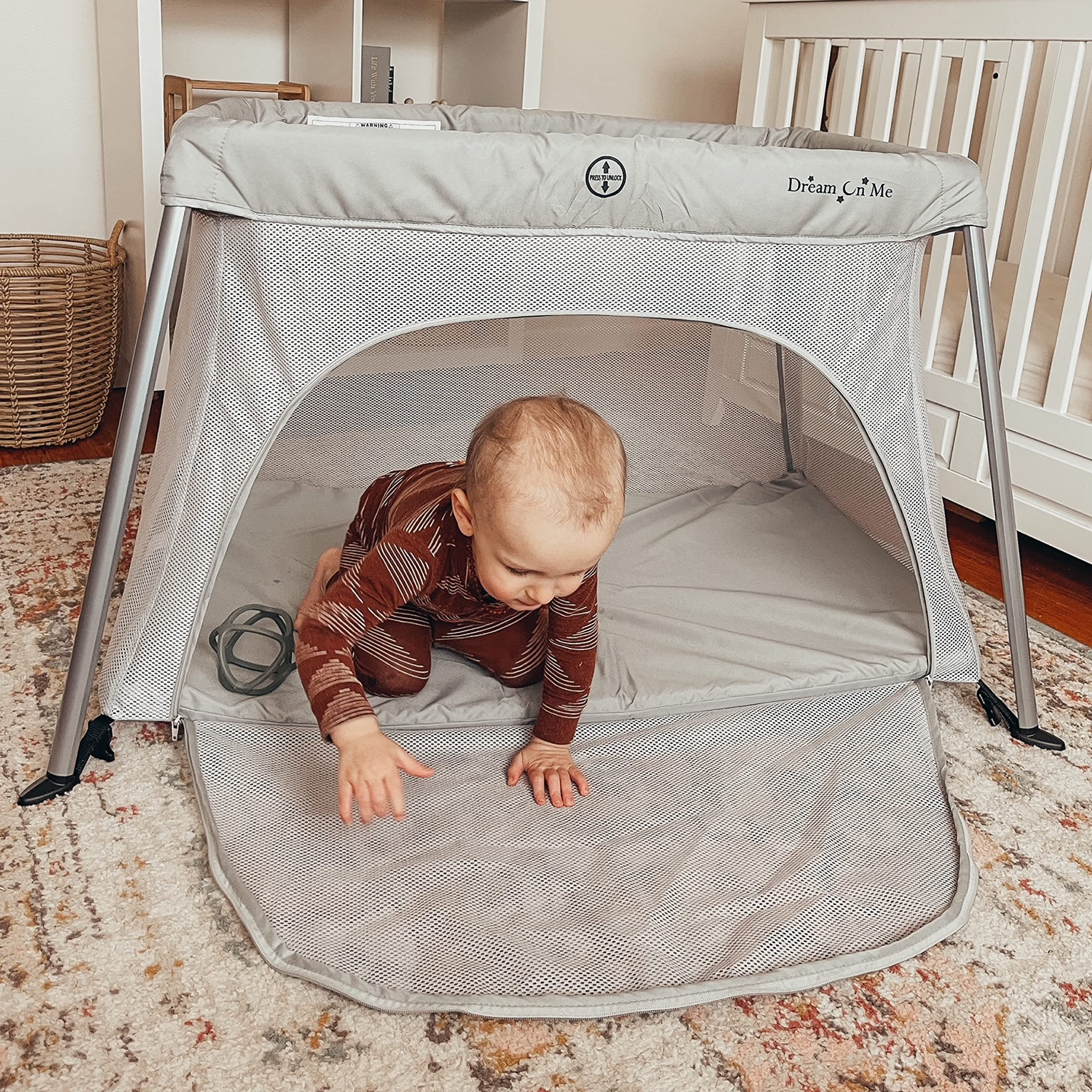 Dream On Me Travel Light Playard with Mesh Zipper Door - Portable Baby Play Yard for Travel, Home & Outdoors - Black