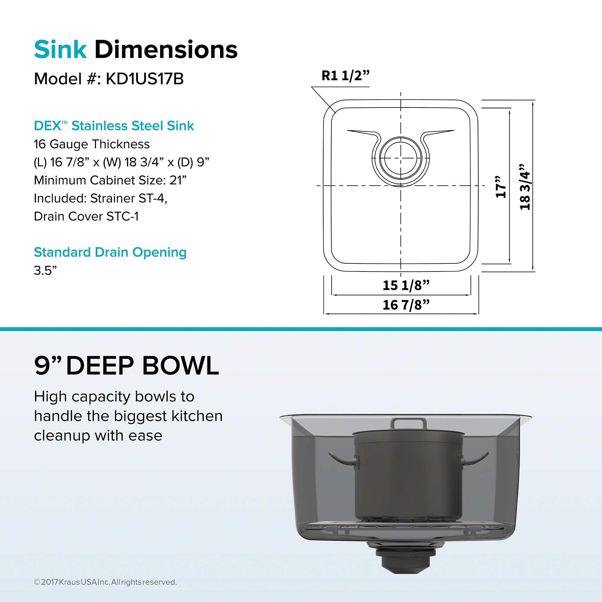 KRAUS Dex 17-Inch Undermount Single Bowl Stainless Steel Kitchen Sink - 16 Gauge, DrainAssure WaterWay, VersiDrain Assembly, Radiant Pearl Finish (KD1US17B) - Perfect for Modern Kitchens, Bars & Small Spaces