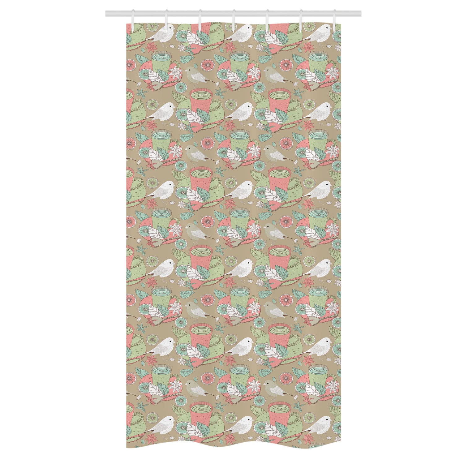 Ambesonne Vintage Floral Shower Curtain Set - Tea Cups with Birds, Flowers & Lemon Slices Retro Design, 36x72 Inch Bathroom Decor with Hooks, Pale Green Blush & Dusk Colors | Perfect for Farmhouse, Cottage or Boho Style Bathrooms