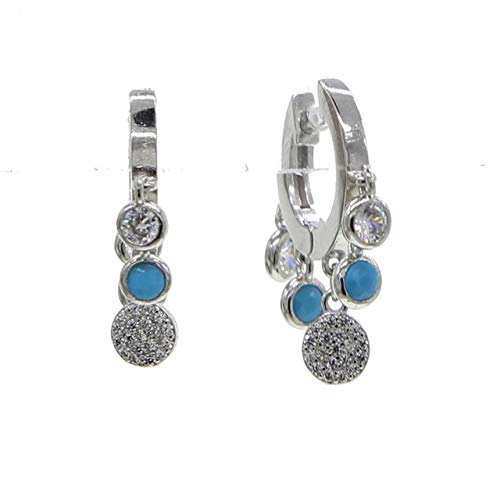 White CZ & Blue Turquoise Round Dot Charm Huggie Hoop Earrings for Women - Fashion Mini Hoops for Multi Piercing - Perfect for Everyday Wear, Parties & Gifts