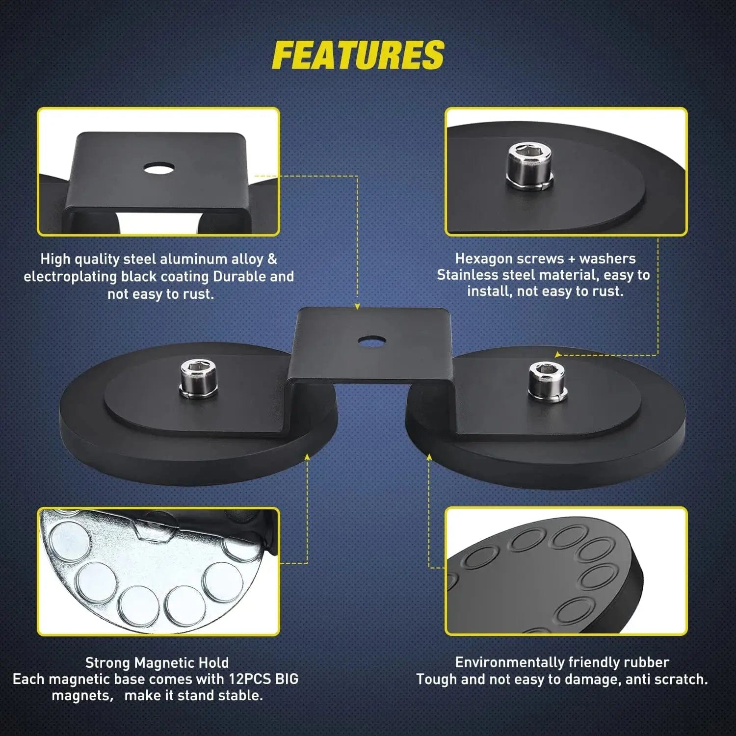 Magnetic Base Sucker Holder with Rubber Boot Bracket - Heavy Duty Car Phone Mount for Dashboard & Windshield - Perfect for GPS, Smartphones & Dash Cams (2-Pack)