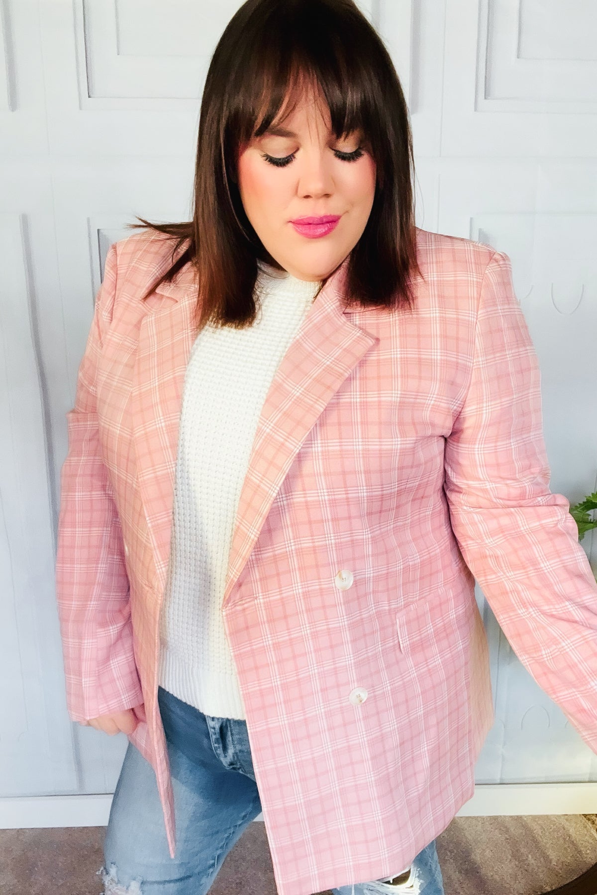 Stylish Pink Plaid Double Breasted Blazer with Lapel Collar - Perfect for Office Wear, Business Meetings & Formal Events