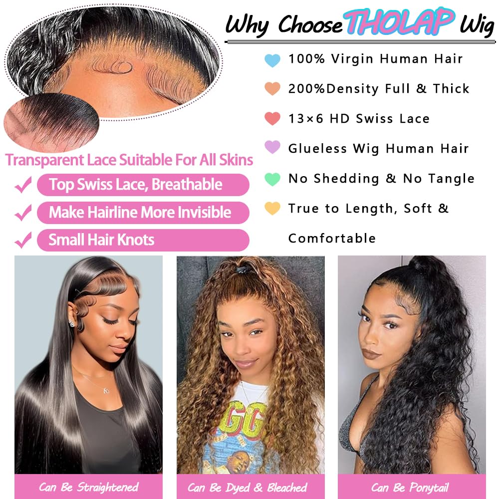 30 Inch 13x6 Deep Wave Lace Front Wigs 100% Virgin Human Hair - 200 Density Pre-Plucked HD Lace Wig with Natural Hairline, Glueless Design for Women - Perfect for Daily Wear, Cosplay & Special Occasions