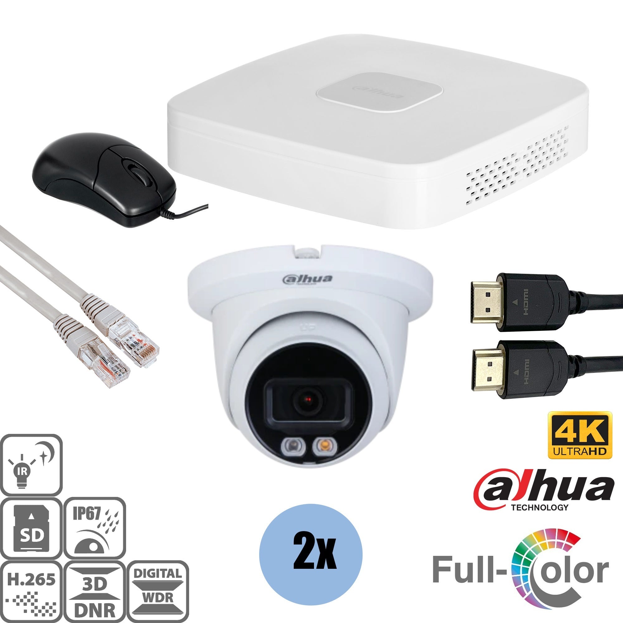 2 Pack 8MP 4K Full Color Security Camera Turret System with NVR Recorder & Cables - Ideal for Home Surveillance, Business Monitoring & Outdoor Security
