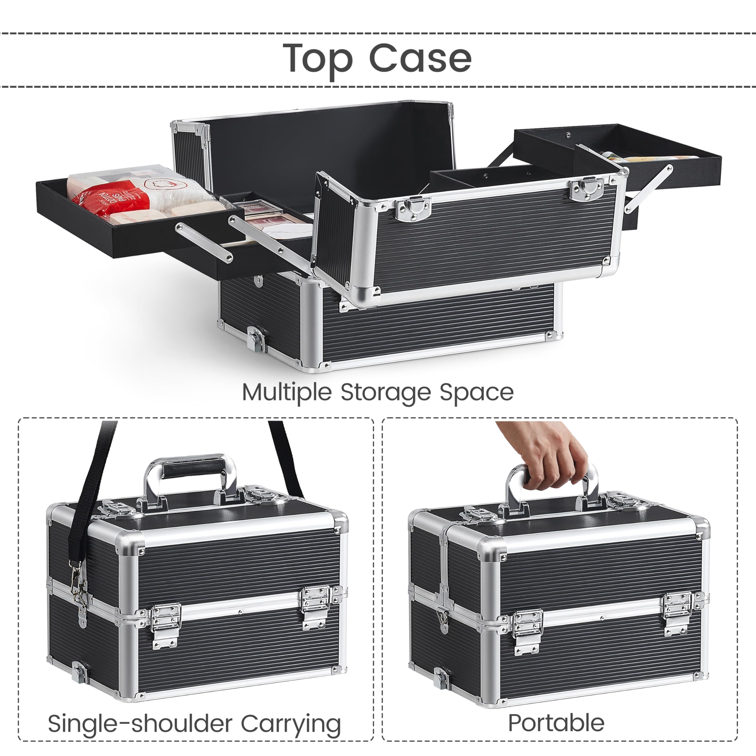 Yaheetech 5-in-1 Professional Makeup Train Case - Rolling Cosmetic Organizer with Wheels, Aluminum Beauty Travel Storage Case for Salon & Home Use (Black) | Perfect for Makeup Artists, Cosmetologists & Travel Beauty Essentials