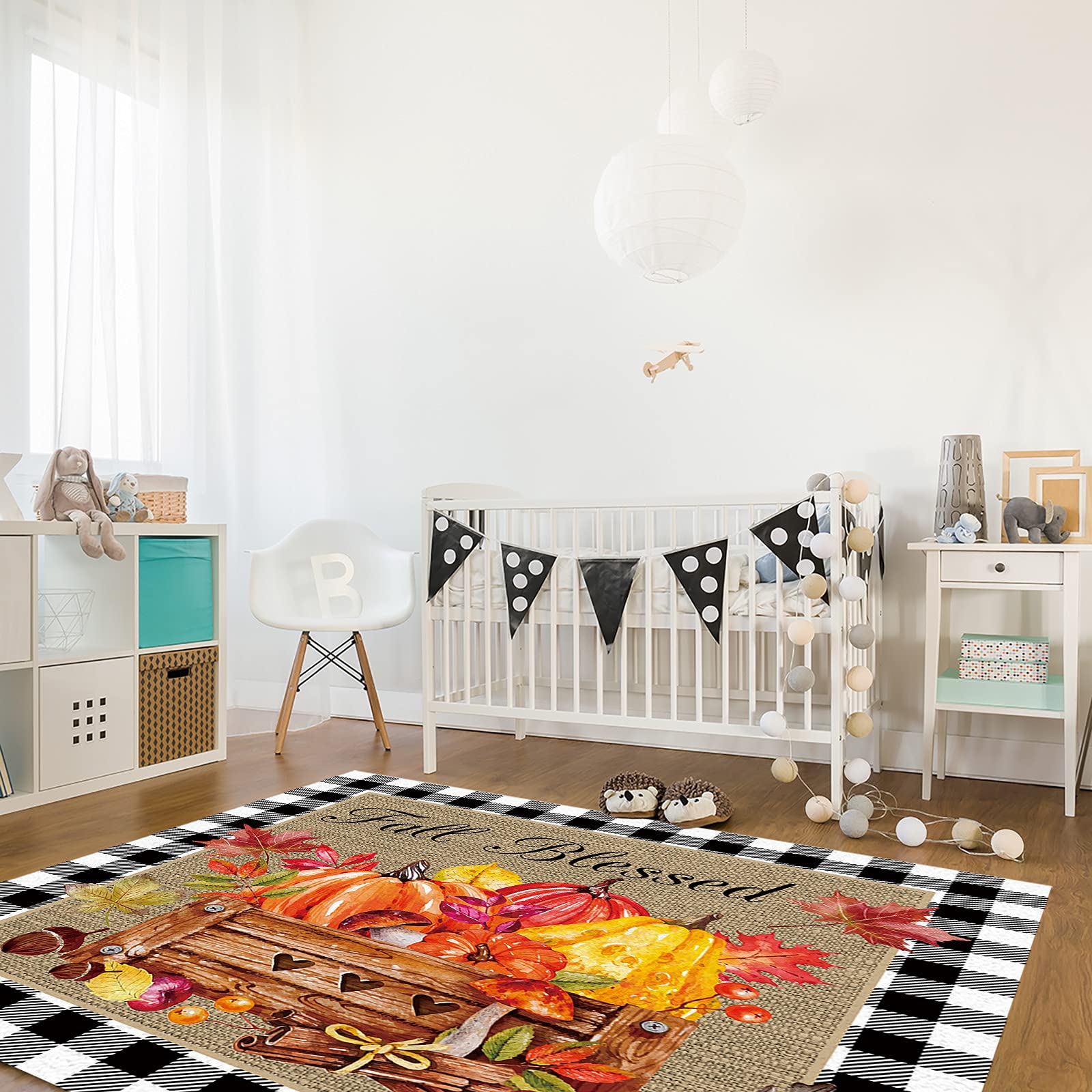 5' x 8' Non-Slip Indoor Area Rug with Fall Pumpkins & Sunflowers Design - Modern Checkered Throw Carpet for Living Room, Bedroom, Nursery - Perfect for Thanksgiving Decor & Cozy Home Accents
