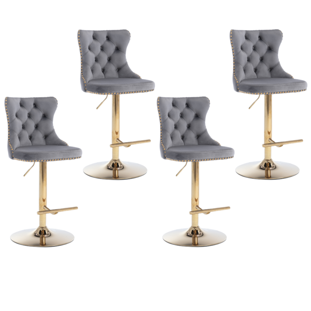 Adjustable Height Swivel Bar Stool with Footrest - Velvet Upholstery, Studded Design & Golden Base (Grey) - Perfect for Kitchen Islands, Home Bars & Dining Counter Stools