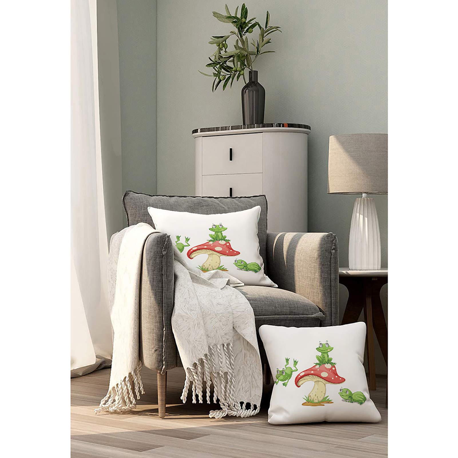 3 Frogs on Mushroom Throw Pillow Covers 18x18 Inch - Cute Cartoon Leap Frog Decorative Square Linen Cushion Covers for Sofa, Bed, Couch - Green & Red Spots Amphibian Animal Design - Perfect for Living Room, Nursery, or Kids Room Decor
