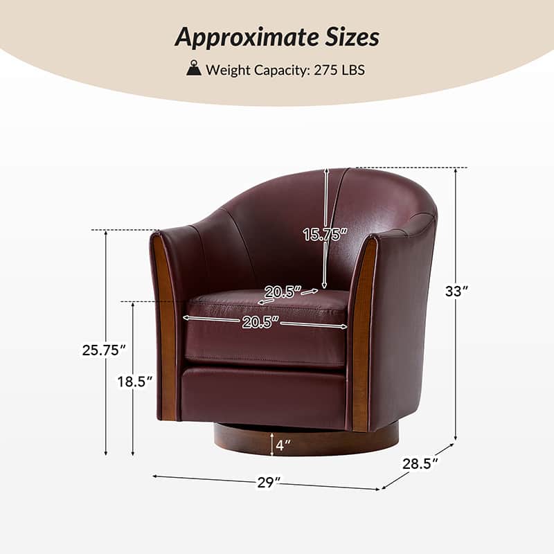 Clara Genuine Leather Swivel Barrel Chair with Solid Wood Base - Stylish Home Office & Living Room Accent Chair for Comfortable Seating