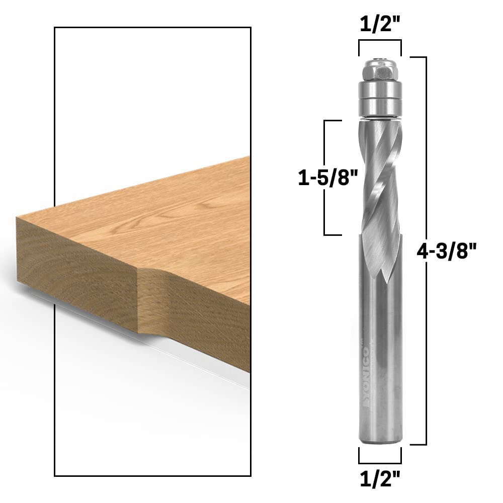 YONICO 1/2-Inch Shank Solid Carbide Spiral Flush Trim Router Bit - 1-5/8-Inch Cutting Length, Upcut Design (31202-SC) - Perfect for Woodworking, Cabinet Making & DIY Projects