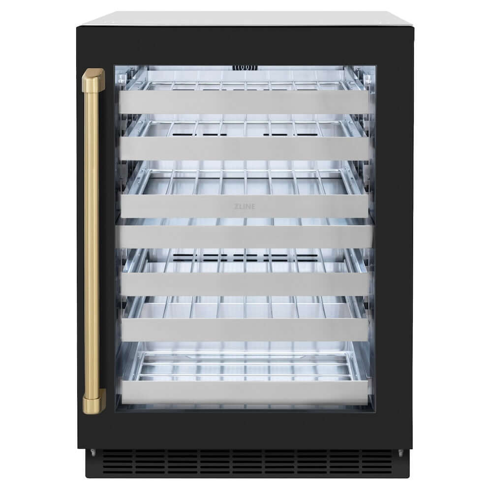 ZLINE Autograph Edition 24 Inch Touchstone Dual Zone 44 Bottle Wine Cooler - Black Matte Glass Door & Champagne Bronze Handle - Perfect for Home Bars, Wine Cellars, and Entertaining Spaces (RWDOZ BLM 24 CB)