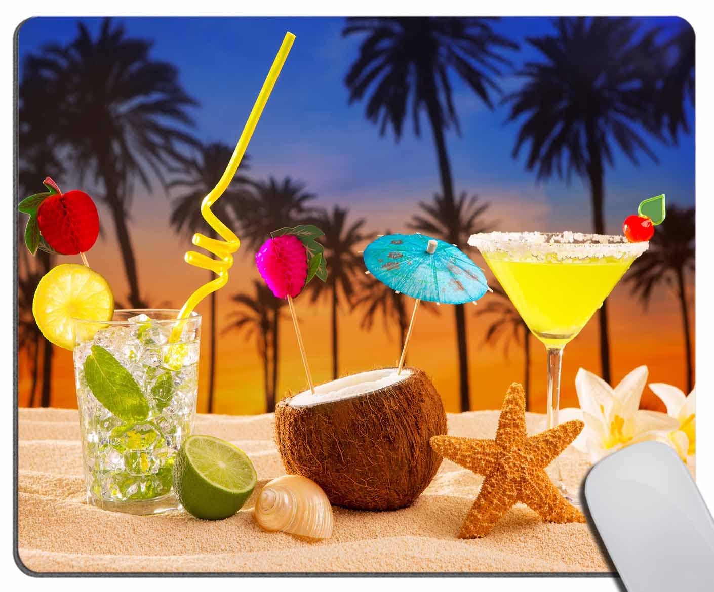 Non-Slip Rubber Base Mouse Pad with Tropical Beach Cocktail Sunset Design - 9.5